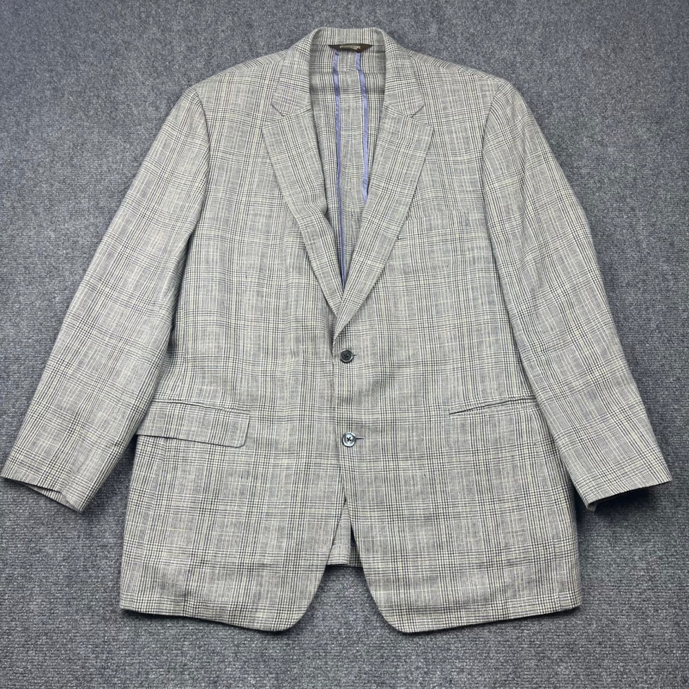 Paul Stuart Stuart Men 48L Silk Linen Wool Glen Plaid Blazer Sport Coat Grey